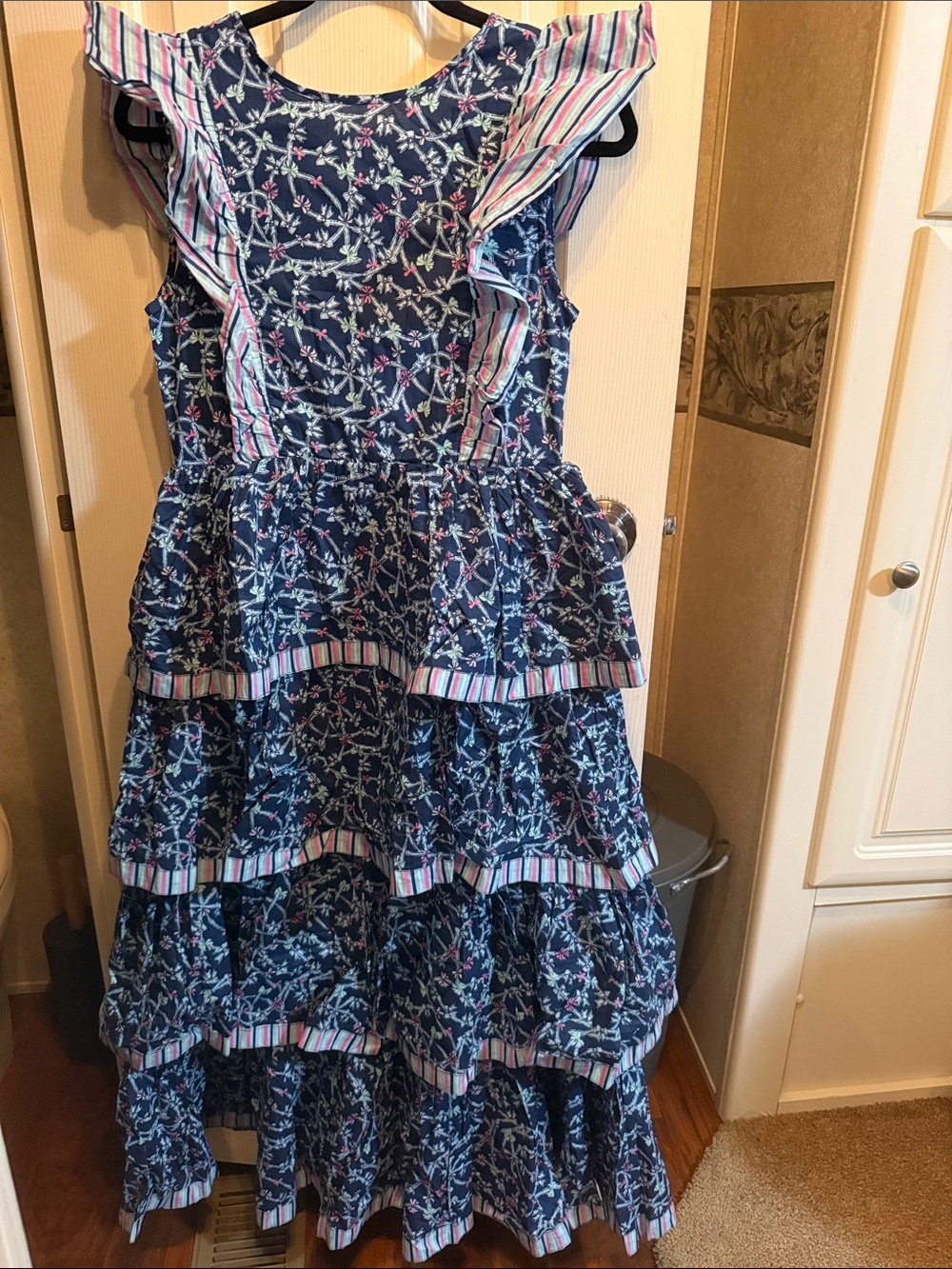 NWT Simply Southern XS Navy Floral Tiered Maxi Dress with Stripe Accents 9F1